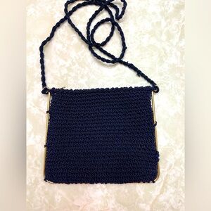 Vintage Italian Knit Design Unique Trim Walborg Cross Body Navy Blue Purse